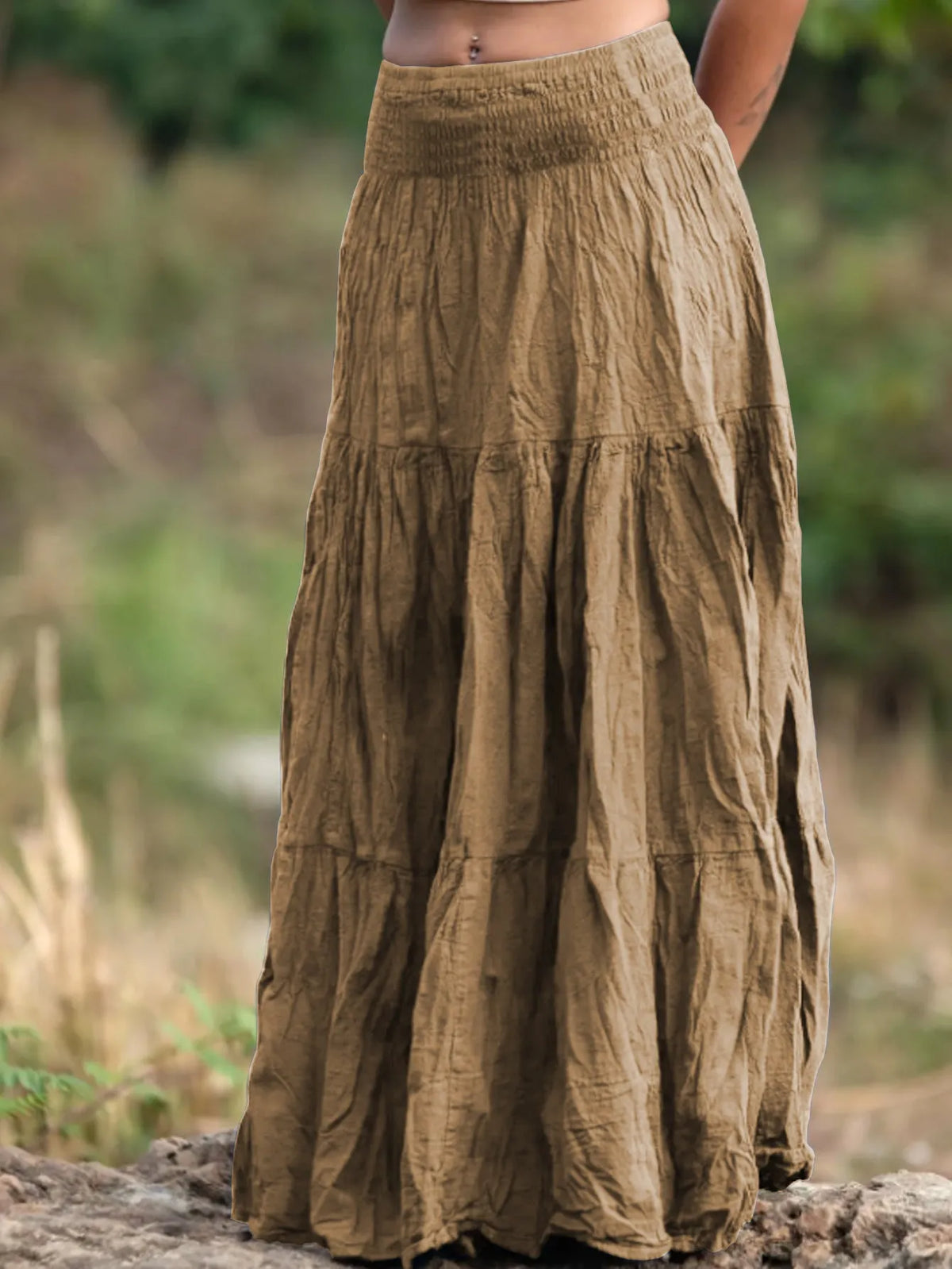 Women's mid-length retro skirt with waist smocking, patchwork and folding detail, viscose fibre, sizes S-XXL