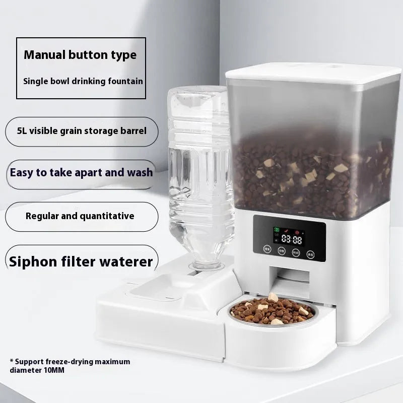 Intelligent pet feeder with stainless steel bowl, 5L capacity, for remote video monitoring and timed feeding of dogs and cats.
