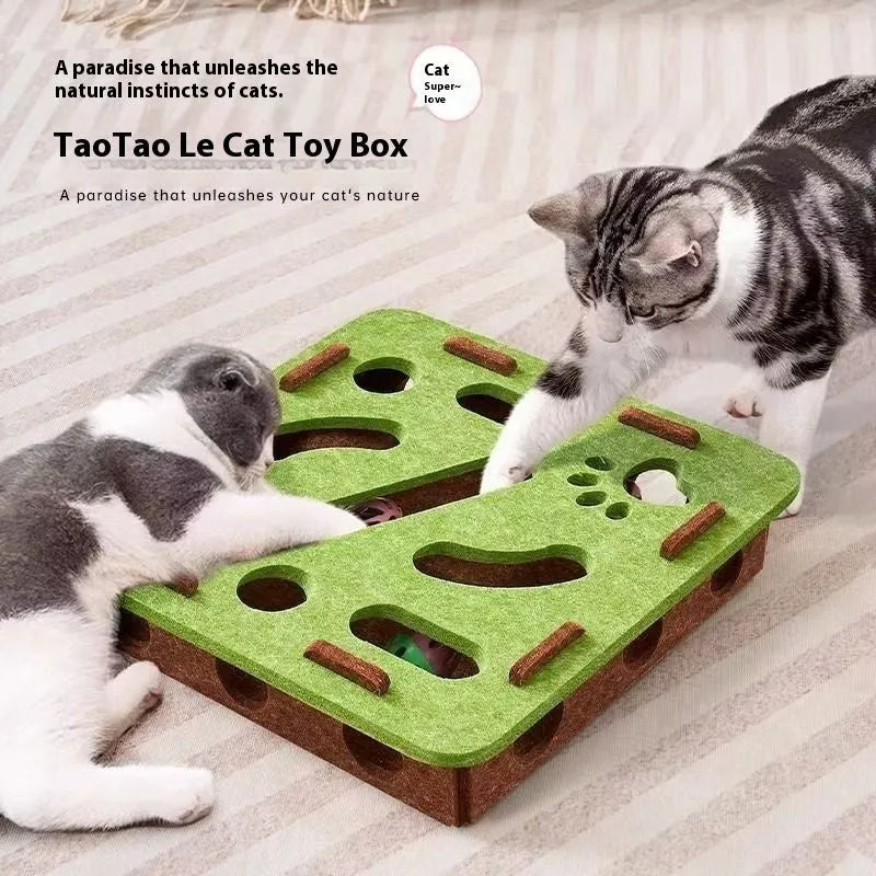 Green brown handmade felt box cat toy with holes for hide-and-seek play.