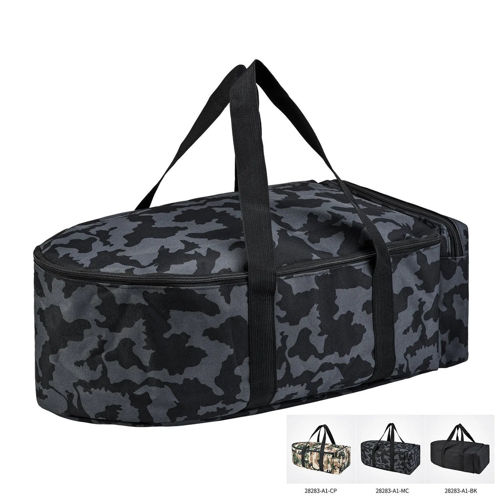 Portable fishing boat storage bag in 1000D polyester fibre, shown in Black and Camouflage colours