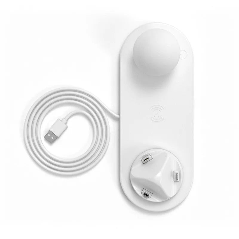 White 3 in 1 USB desktop charging dock with wireless charging pad for Apple iPhone