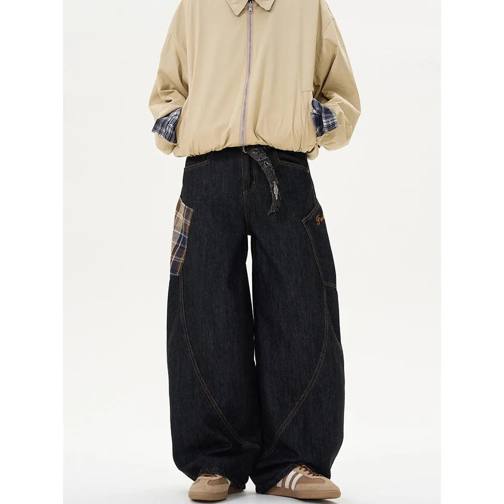 Cotton loose straight-leg trousers in plaid pattern showing mid waist and casual styling