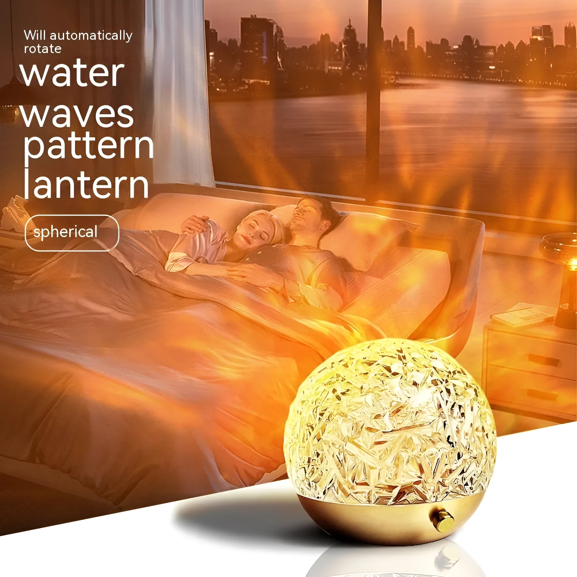 Water ripple projector night light with crystal-like acrylic body and colourful ripple patterns on a bedside table