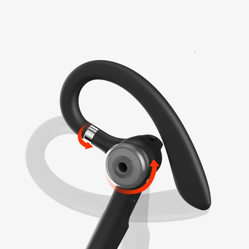 Black mono ear Bluetooth headset with over-ear hanging design and IPX6 waterproof rating