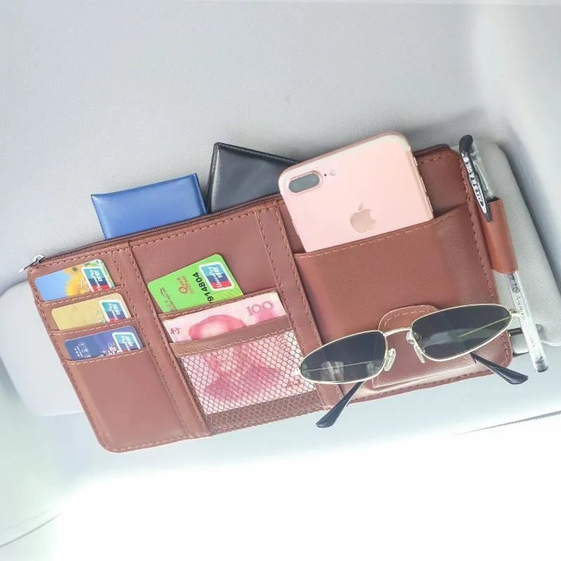 Car sun visor pocket organizer with acrylic plastic construction for storing cards and glasses