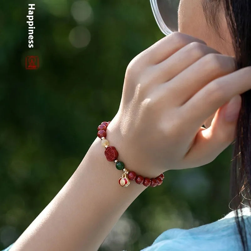 Emperor Sandstone Happy Eyebrow Bracelet with fu character design on cinnabar beads