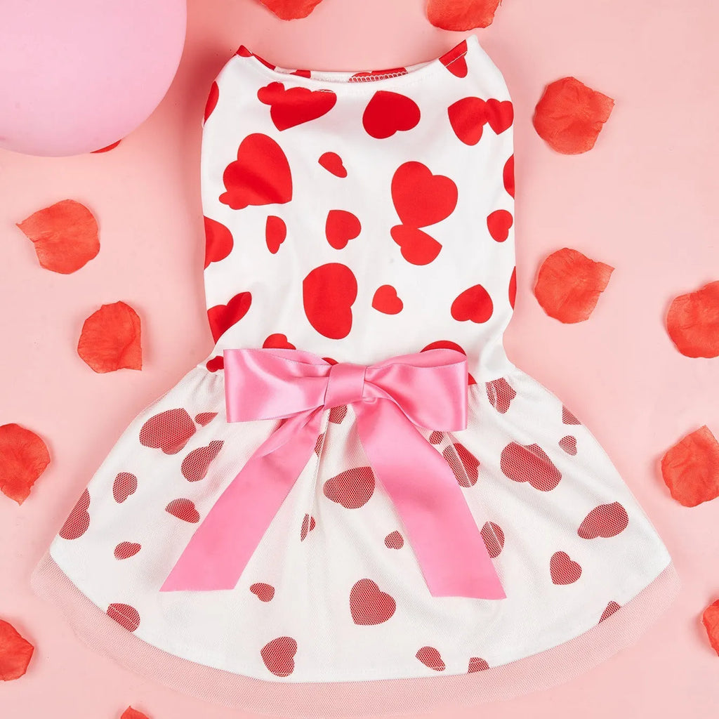Pet dog or cat wearing full printed Valentine's Day love dress in white, polyester princess style, side view