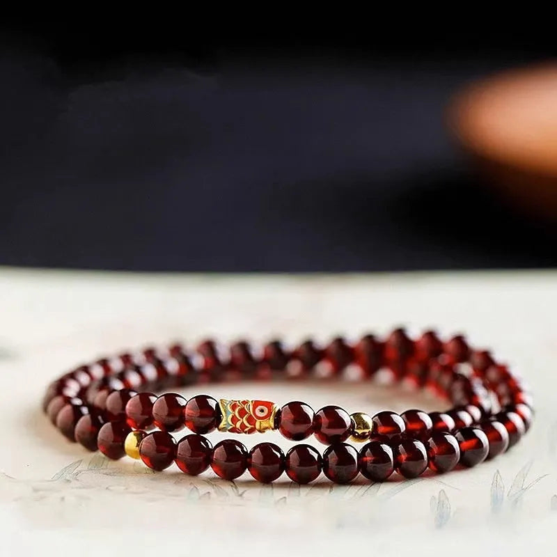 Wine red garnet bracelet for women with micro glass beads in Chinese style
