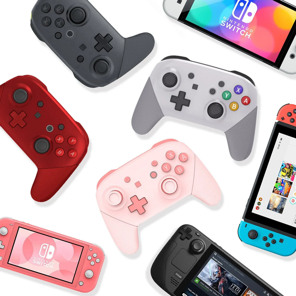 Wireless game controller in pink with USB charging cable, compatible with Switch PC Tesla