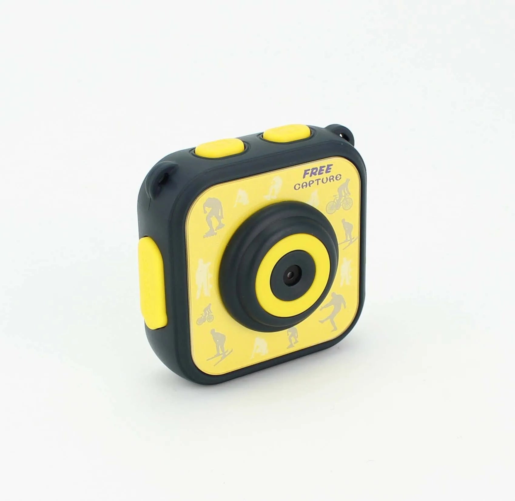Yellow children's waterproof sports camera with 1.77-inch screen showing 5MP photo resolution and HD video recording