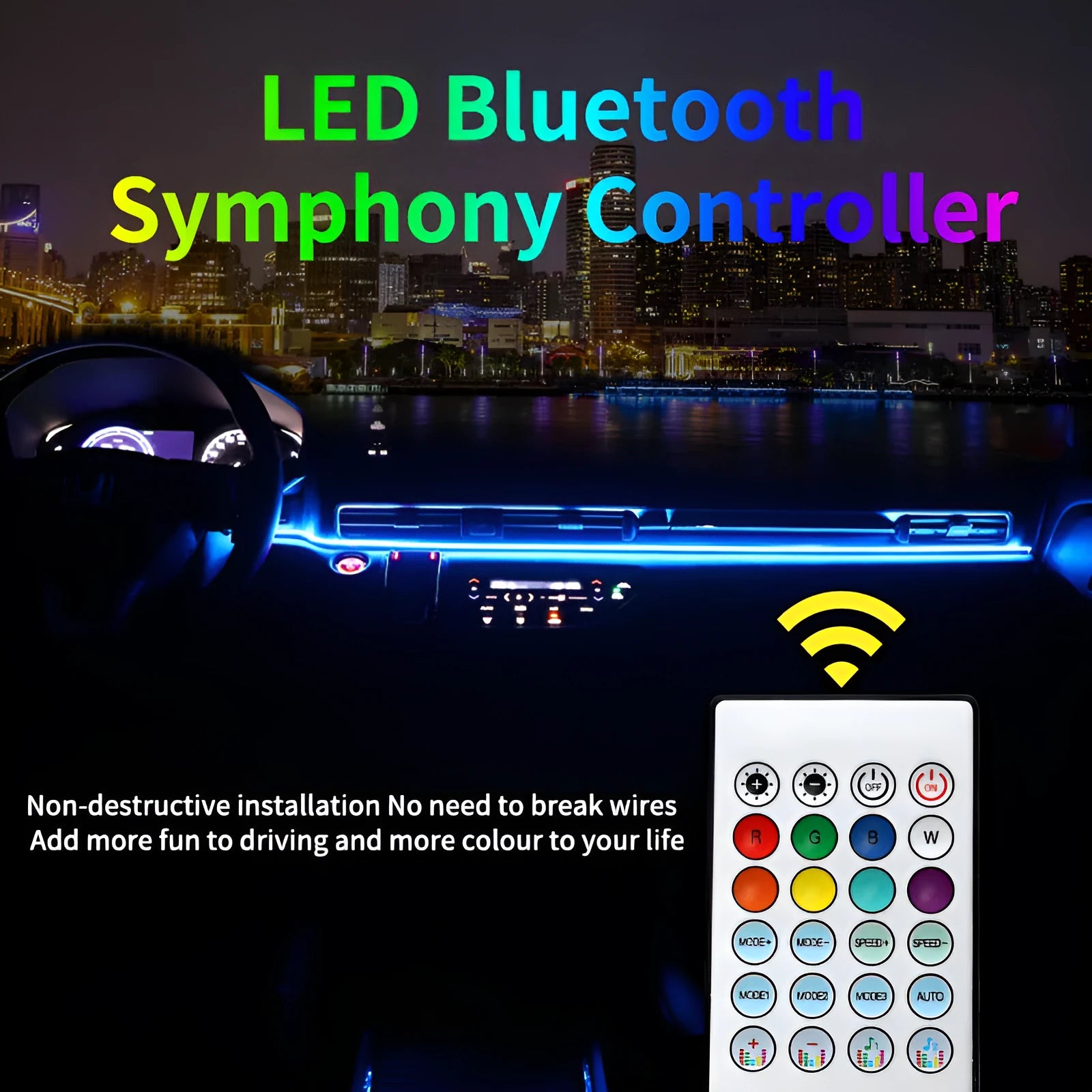 Car ambience lighting strip with aluminium alloy housing and magic colour changing LEDs for interior automotive use