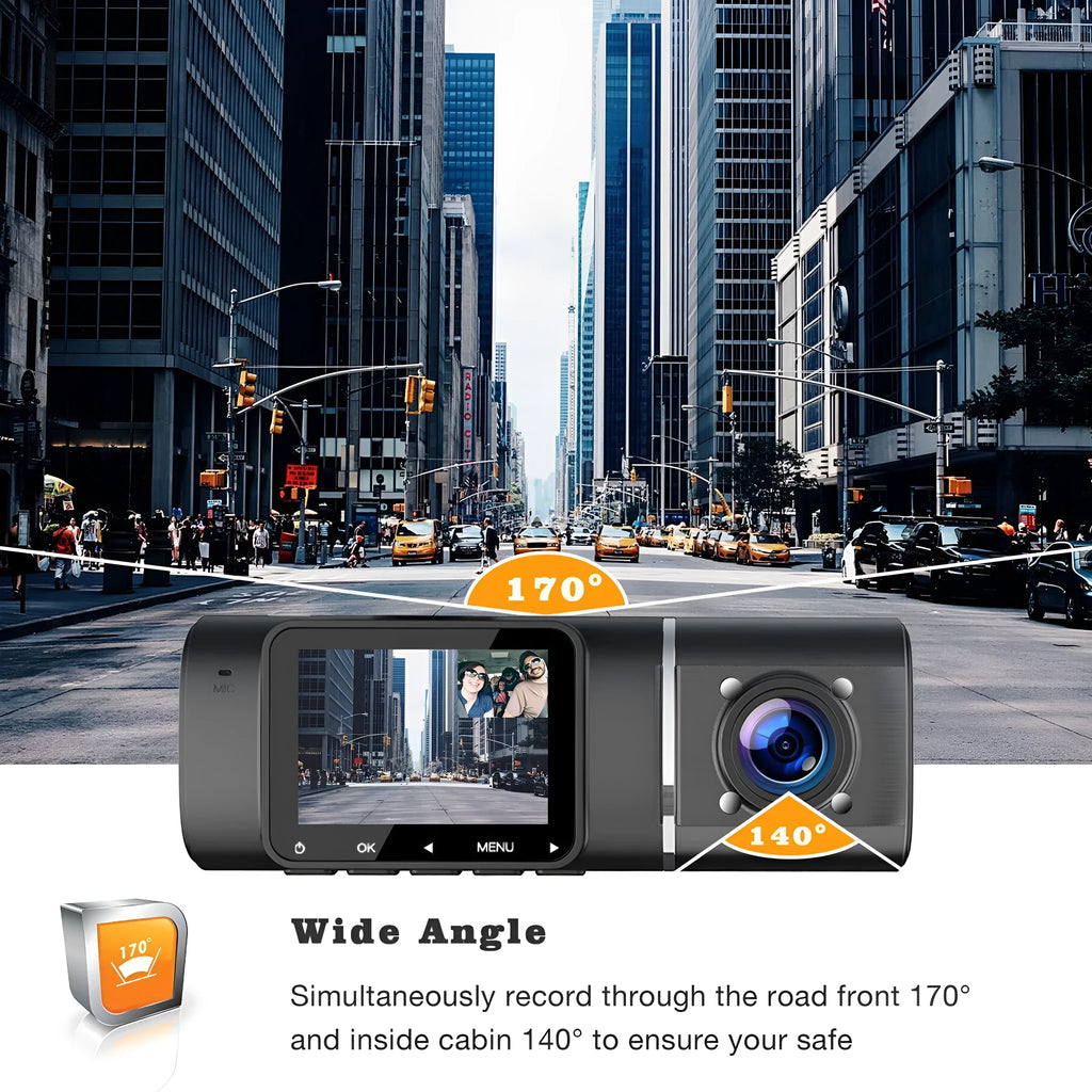 Black dual-channel car dash cam with 1.5-inch screen mounted on windshield next to rear-view mirror.