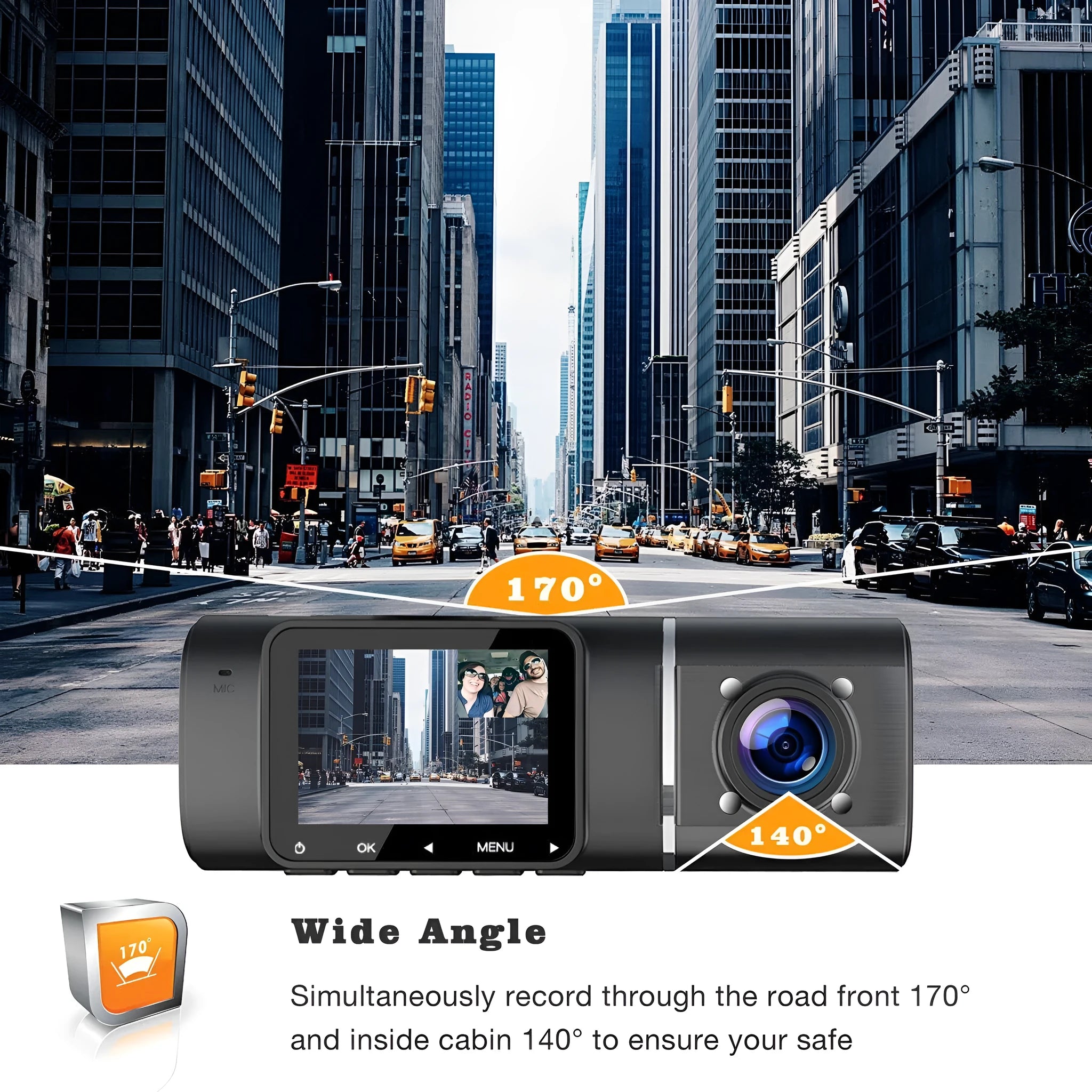Black dual-channel car dash cam with 1.5-inch screen mounted on windshield next to rear-view mirror.