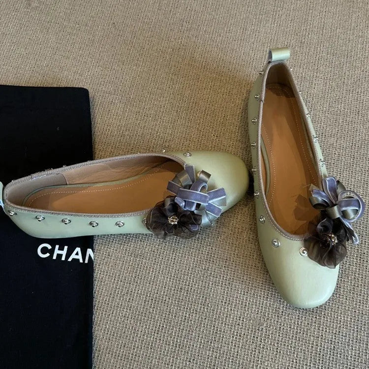 Silver DIY flower rivet Mary Jane shoes with a buckle, showing the round toe and flat rubber sole.