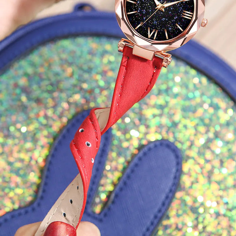 Frosted belt watch with round starry sky dial, Roman numerals, rhinestones, and brown leather strap