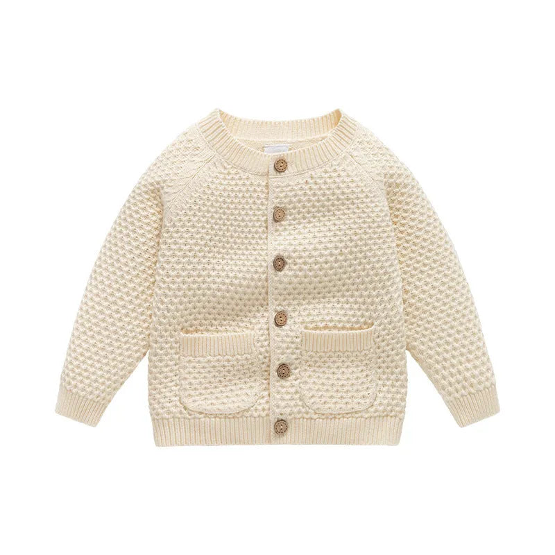 Boys' knitted cotton jumper in Teeth White or Sapphire Blue, round neck long sleeve sweater, 66-100cm