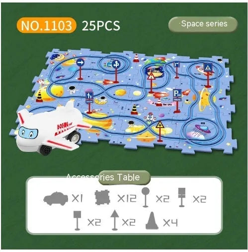 Children puzzle electric railroad speeder with DIY assembly track and automatic car, dinosaur theme
