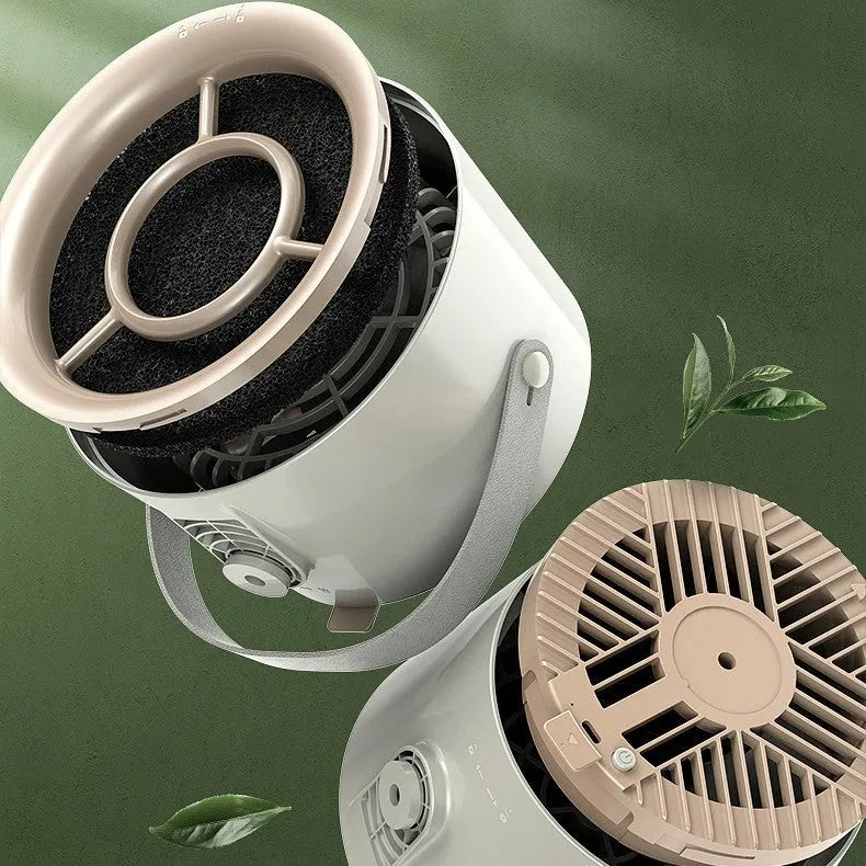 Milky white portable USB desktop exhaust fan with tripod stand and removable filter screen.