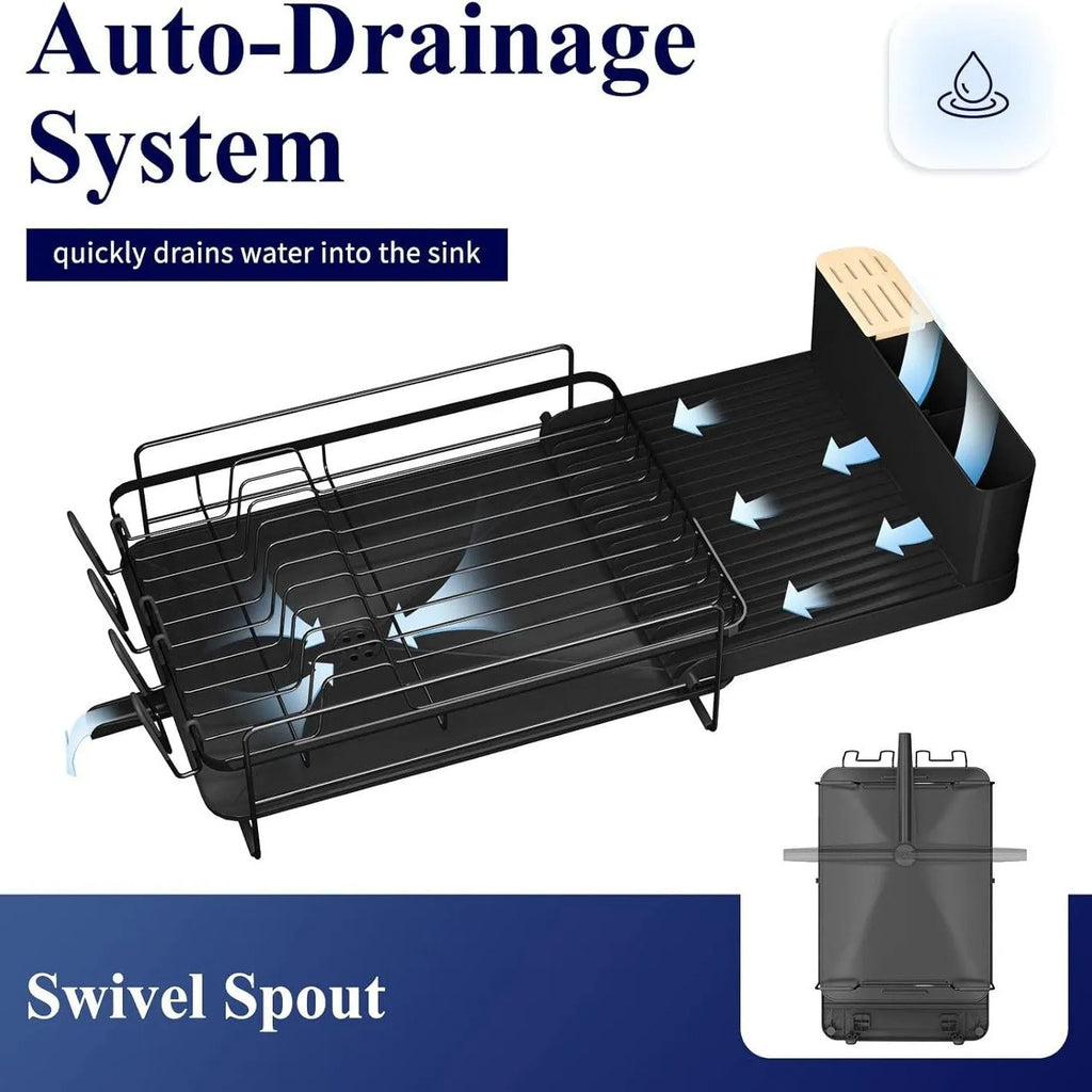 A retractable, foldable carbon steel dish rack for draining cutlery, knives, forks and cups on a kitchen countertop.