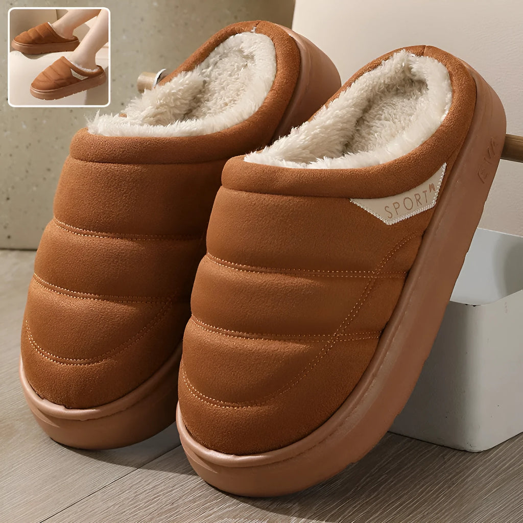 Plush indoor slippers with suede upper, EVA sole, and short plush lining in grey, khaki, coffee, or camel.