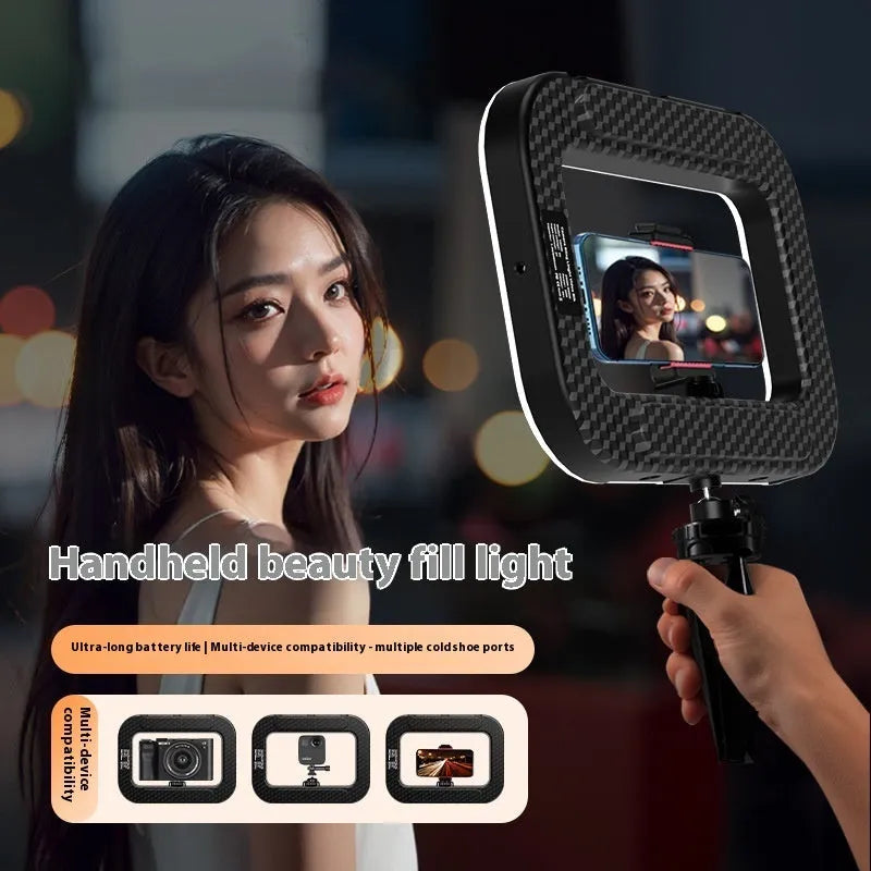 Mobile phone fill-in light kit with adjustable colour temperature display and metallic desktop bracket