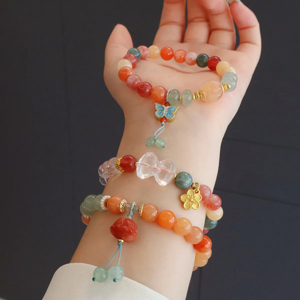 Natural stone Jinsi jade beaded bracelet with white crystal and lily motif, women's antique style