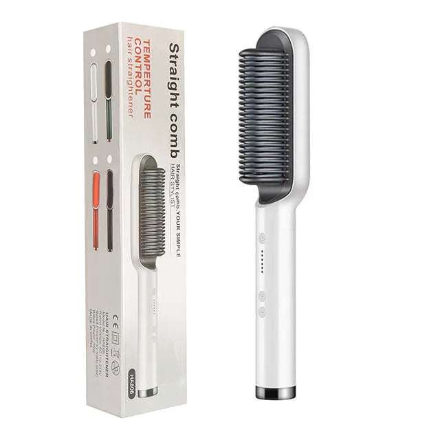 Red and black dual-function 2-in-1 hair straightener and curling tong hot comb on a white background