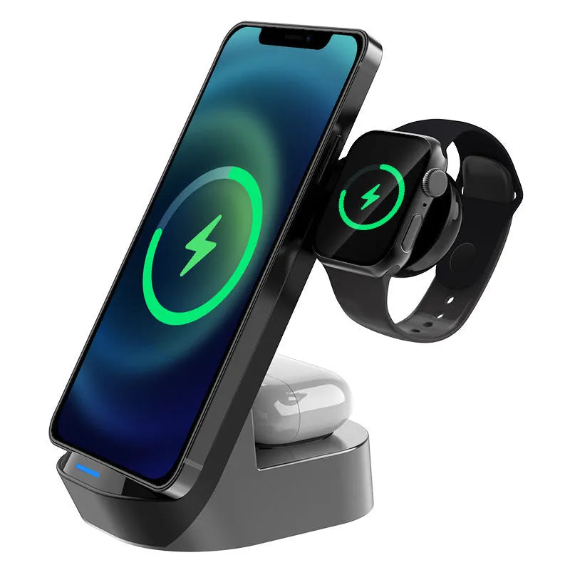 Black grey foldable 3-in-1 wireless charging stand with phone upright, watch and earbuds on pads.
