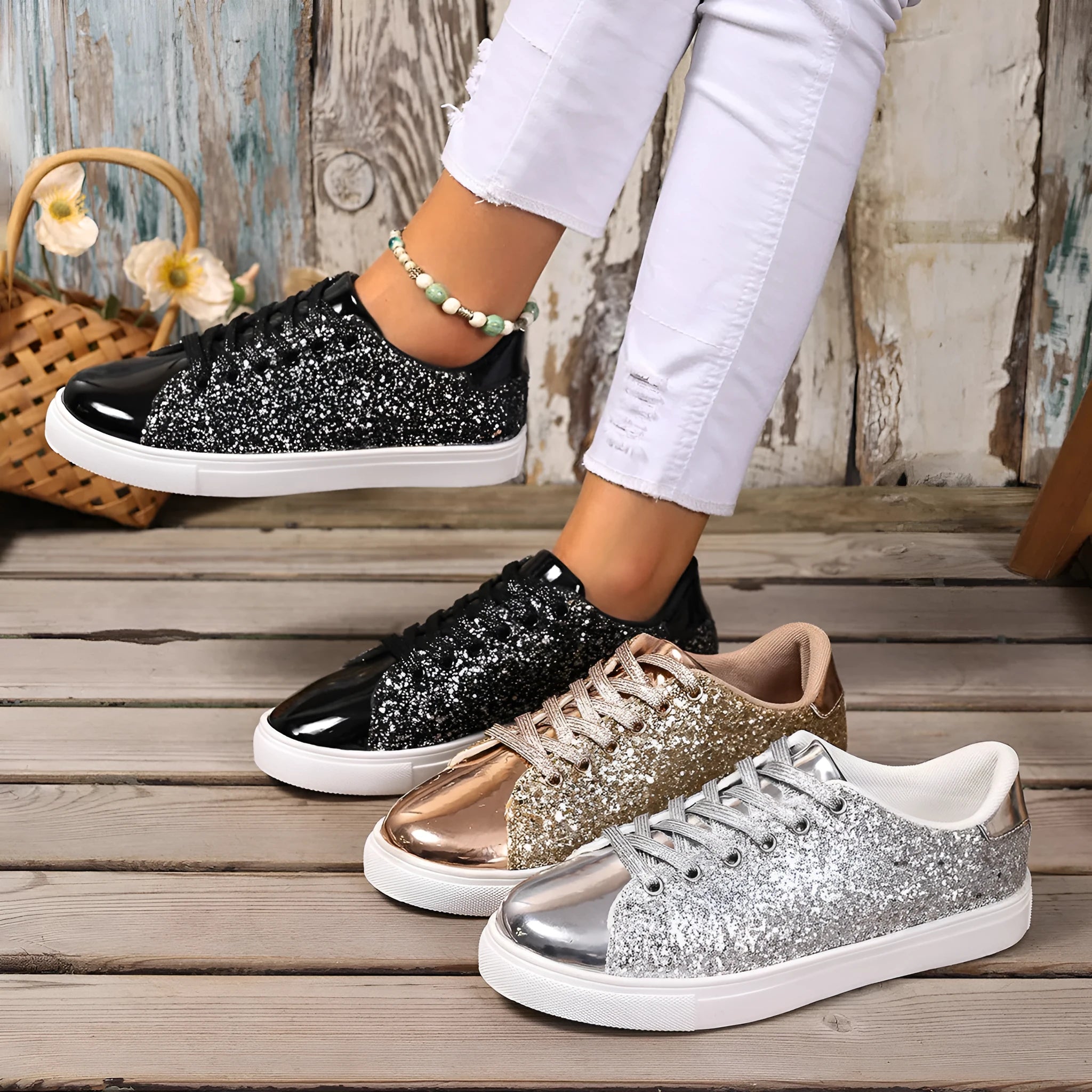 Women's plus size sequined lace-up board shoes in black, available in sizes 36 to 43
