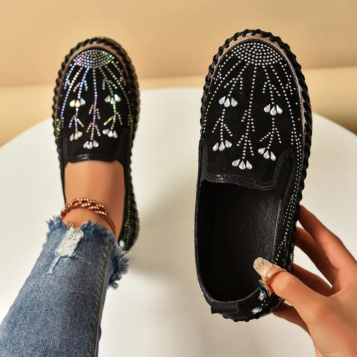 Casual slip-on sneakers with rhinestone platform thick bottom suede upper round toe mid heel