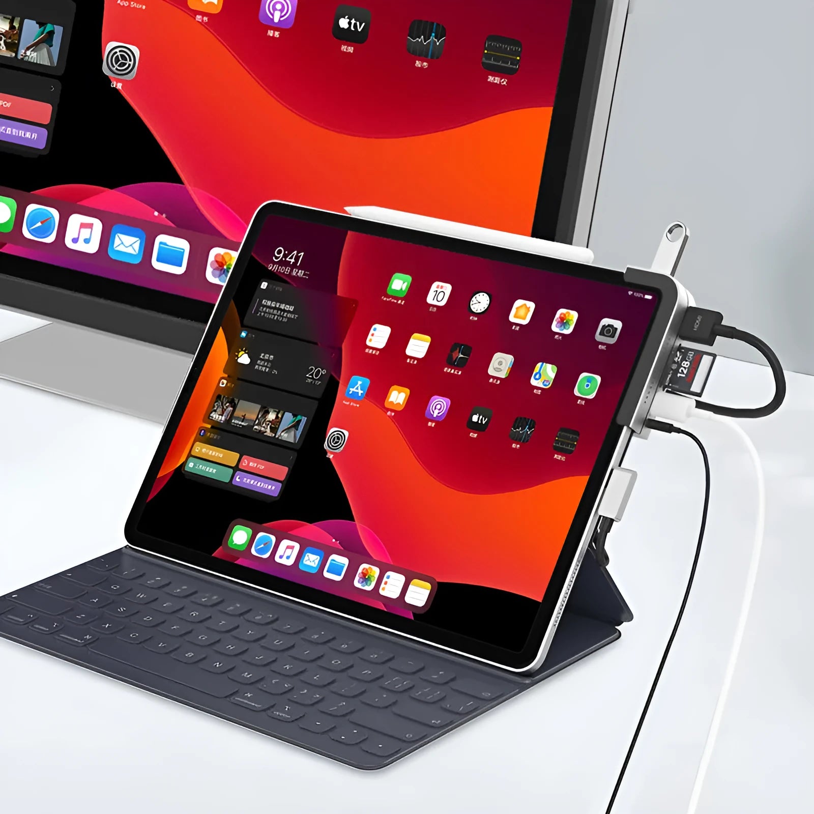 Silver aluminium grey Type-C docking station for iPad Pro with multiple connection ports