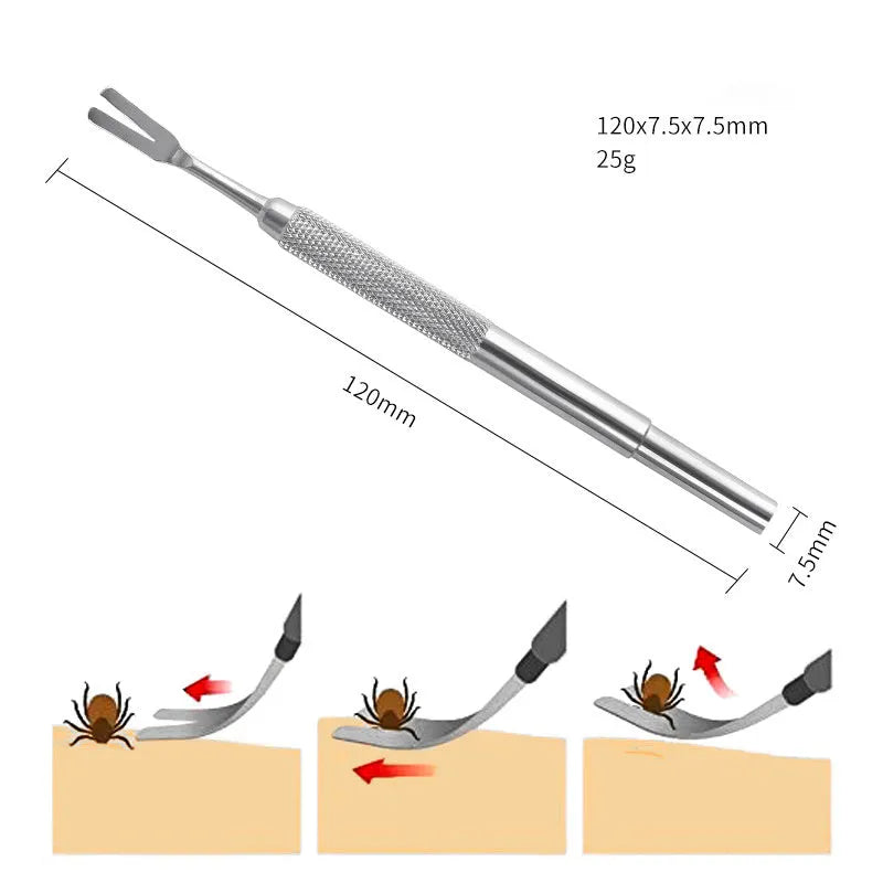 Close-up of stainless steel tick removal tweezers with fine tip and ergonomic handle for pets.