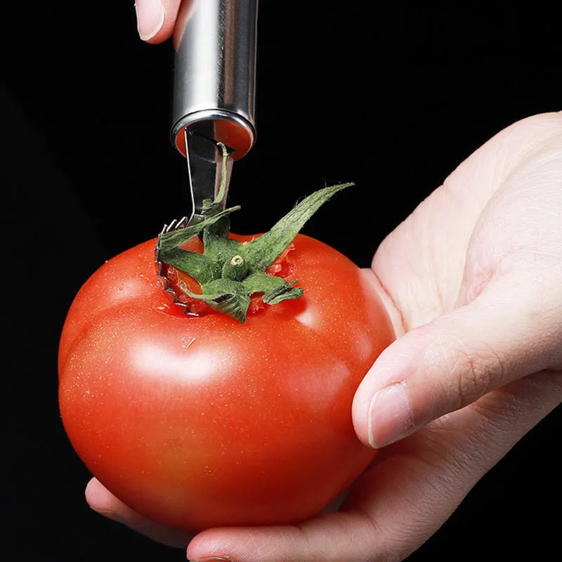 Stainless steel strawberry stem remover, 410 steel, modern minimalist kitchen gadget for hulling strawberries.