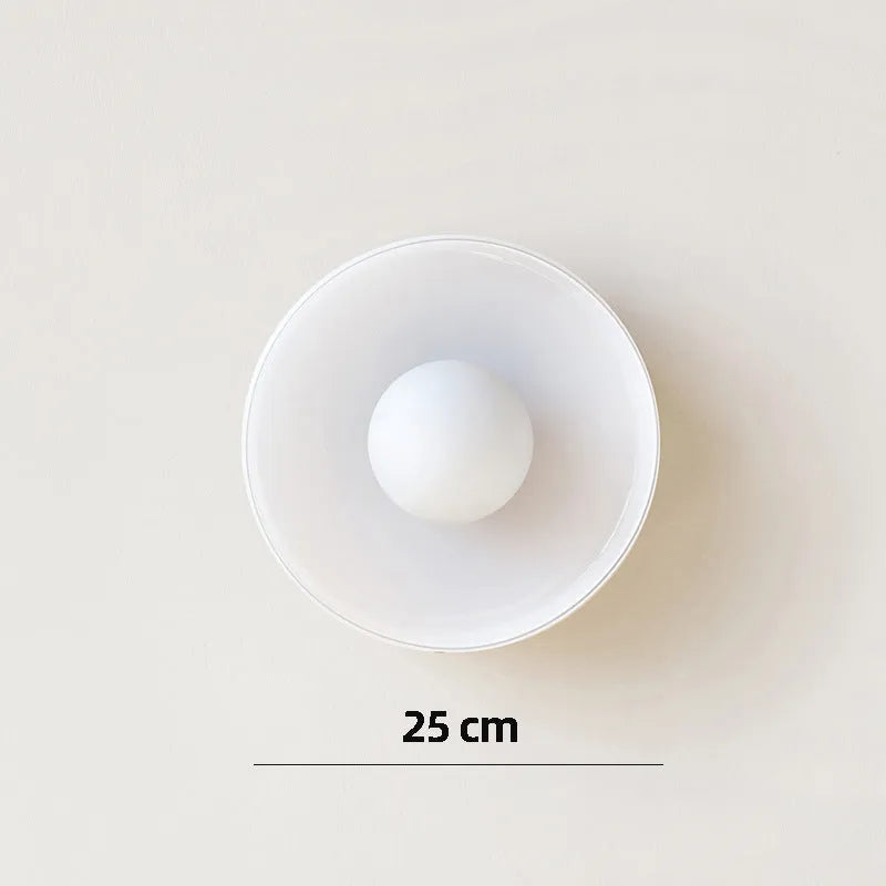 Modern round glass ceiling light with 25cm diameter shade, shown in a white finish.