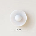 Modern round glass ceiling light with 25cm diameter shade, shown in a white finish.