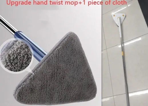 Extendable triangle mop with rotating blue head and adjustable stainless steel pole for corner cleaning
