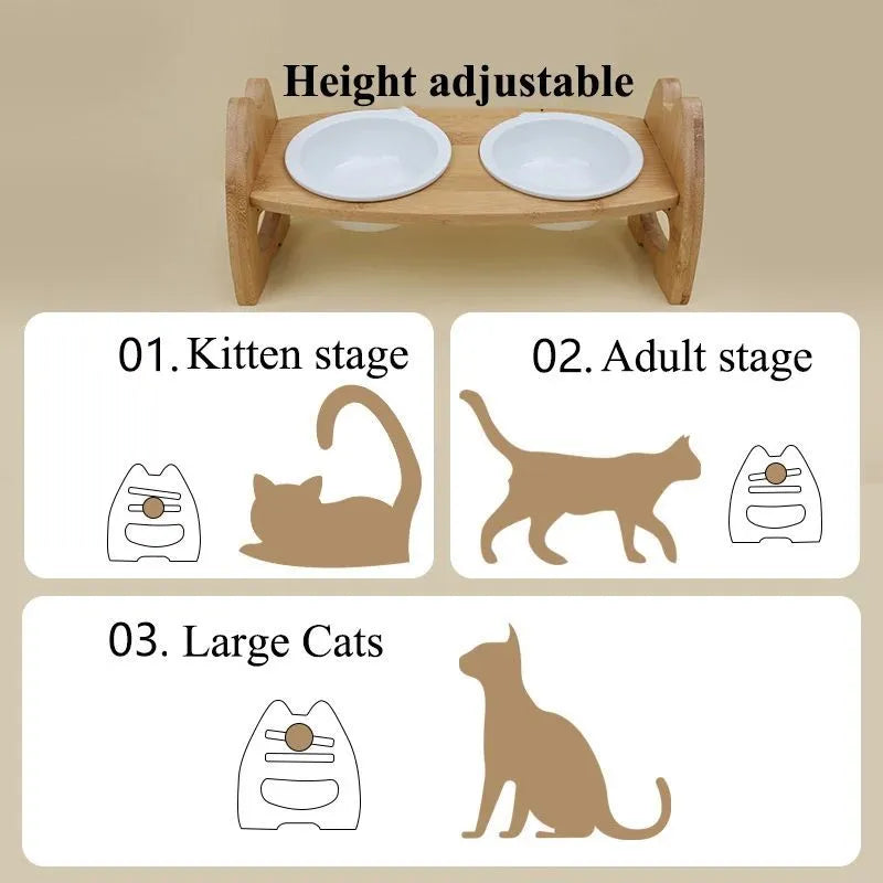 Height-adjustable ceramic double pet bowl on bamboo stand with separate bowls for dogs and cats