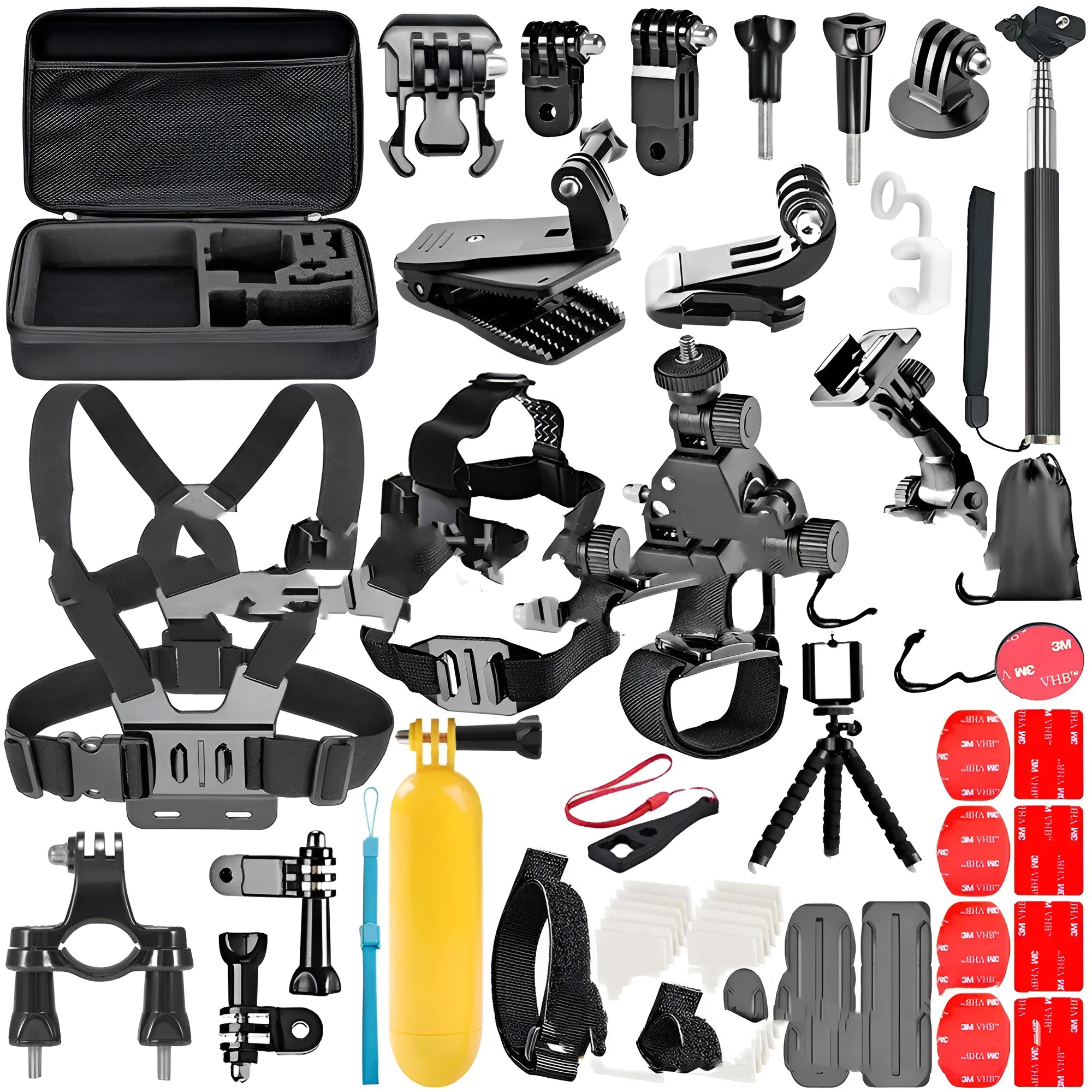 Black GoPro accessories set with chest strap and helmet mount compatible with Hero 4, 3, and 2 action cameras