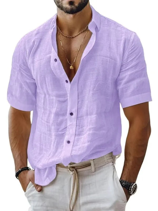 Men's short sleeve lapel shirt in blended cotton linen fabric shown in solid colour options