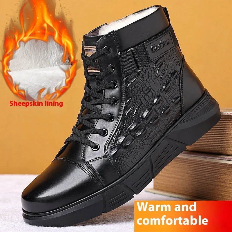 Men's genuine leather snow boots with fur lining, round toe design, and front lace-up closure in black or brown with velvet detailing