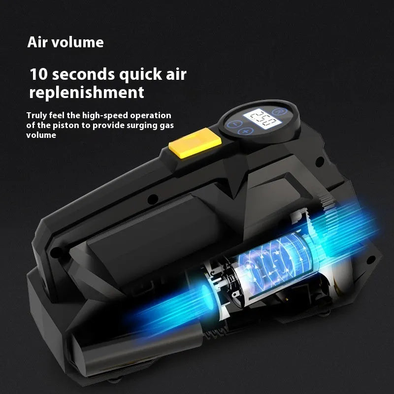 Black 12V portable digital tyre inflator with LED light and display, shown with air hose and power cable.