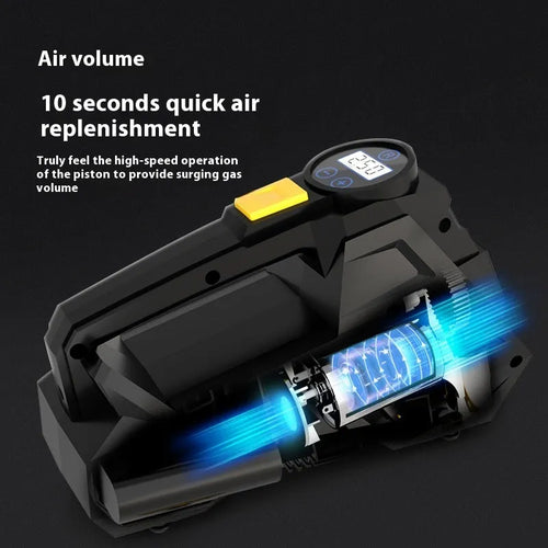 Black 12V portable digital tyre inflator with LED light and display, shown with air hose and power cable.
