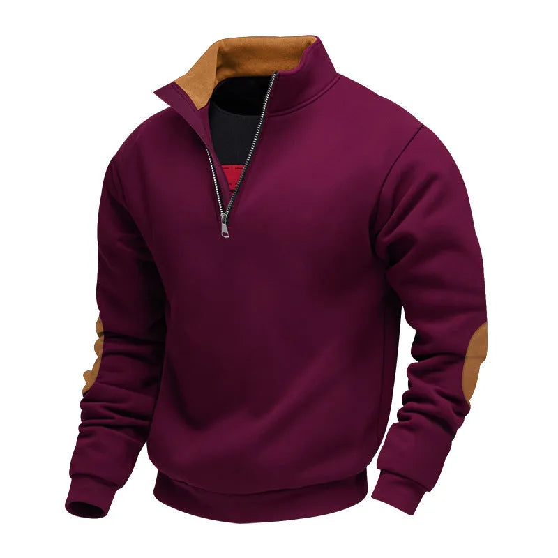 Men's black thick turtleneck half placket zipper pullover sweater on white background