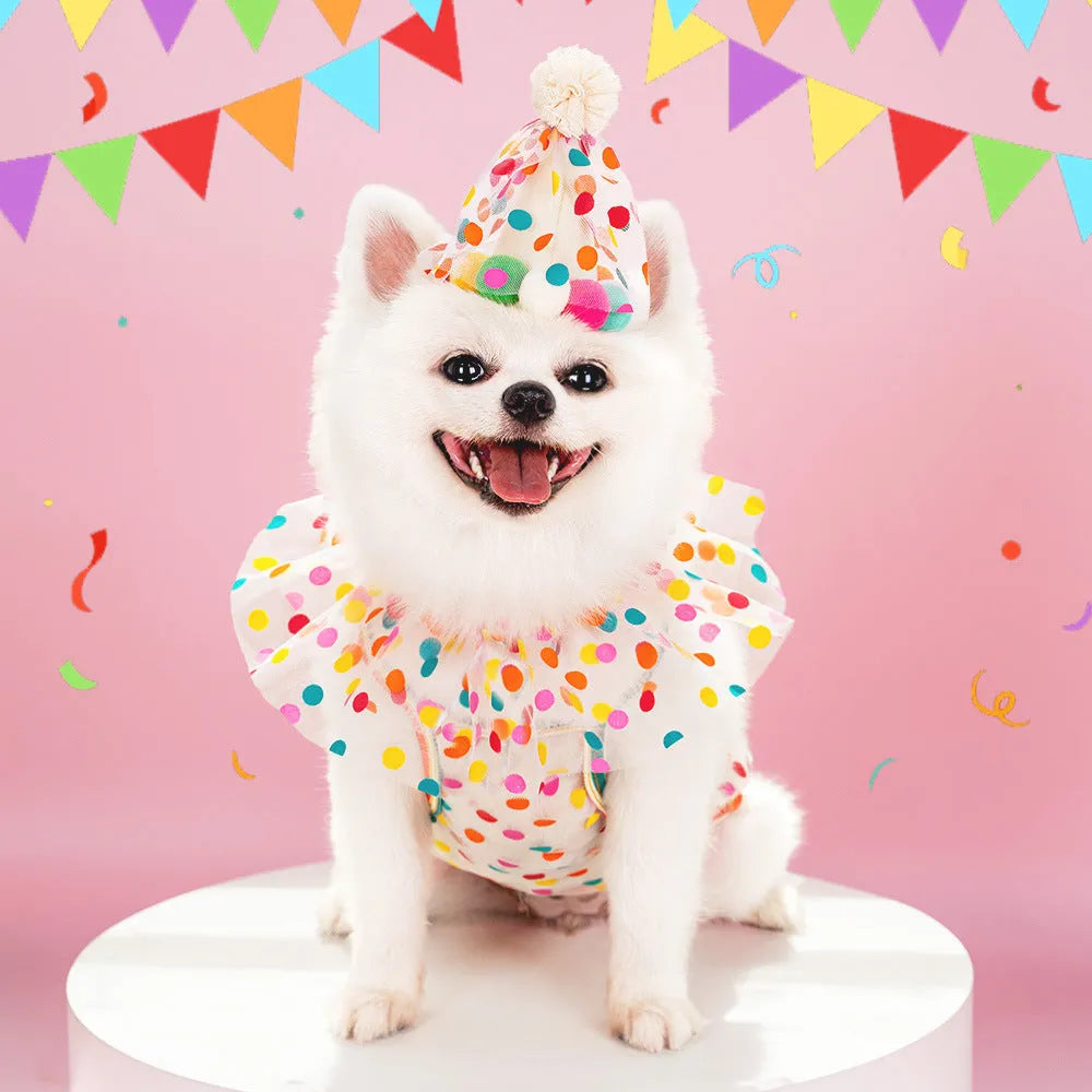 Pet polka dot lace bib dog birthday suit with colourful dots hat and saliva towel for small to medium dogs