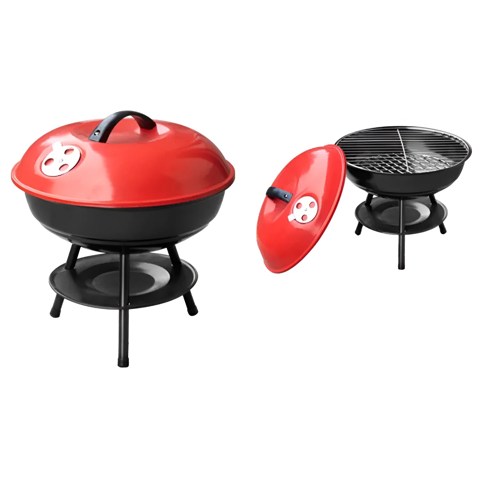 Spherical barbecue stove in black and red with 34.2cm iron grill net and portable chassis
