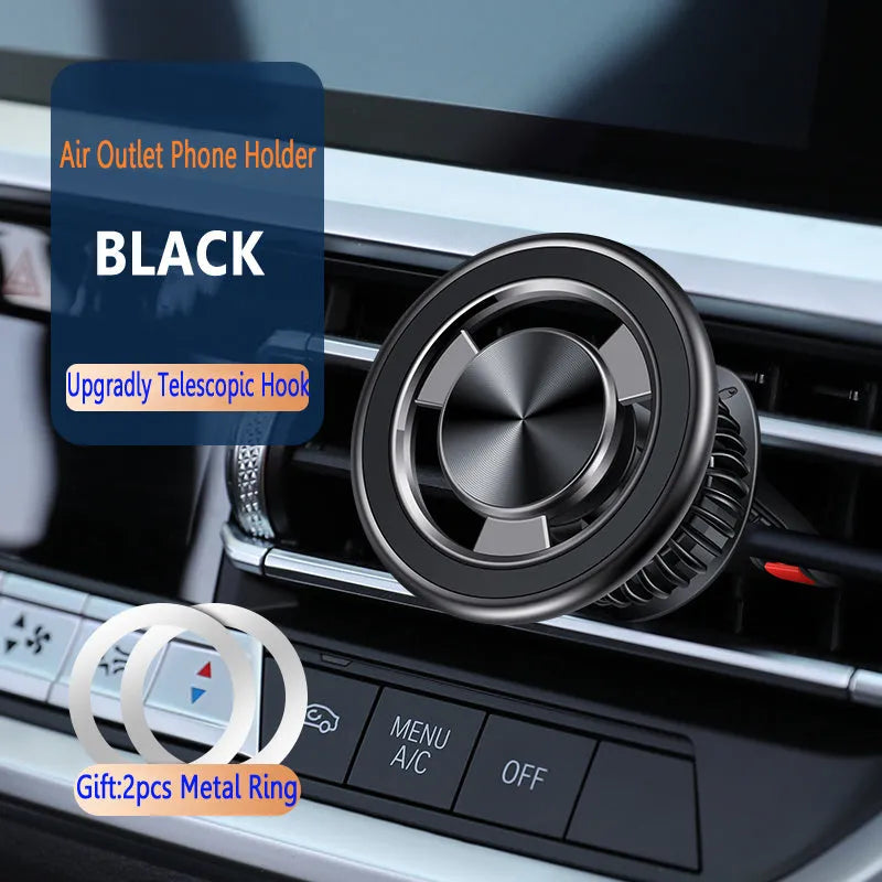 Car air vent magnetic phone holder in silver and black with alloy ABS construction