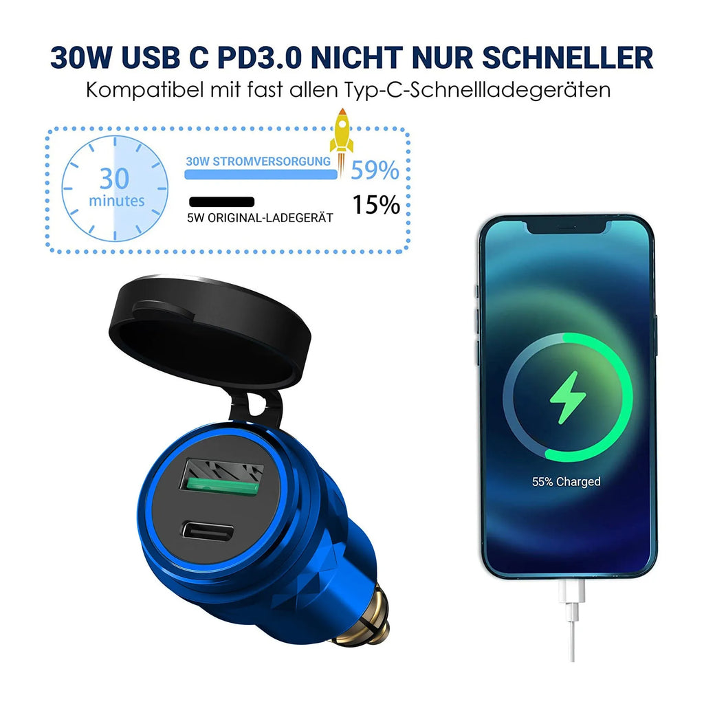 Black European DIN USB car charger with dual ports, blue light, 54W output, for 12-24V vehicles