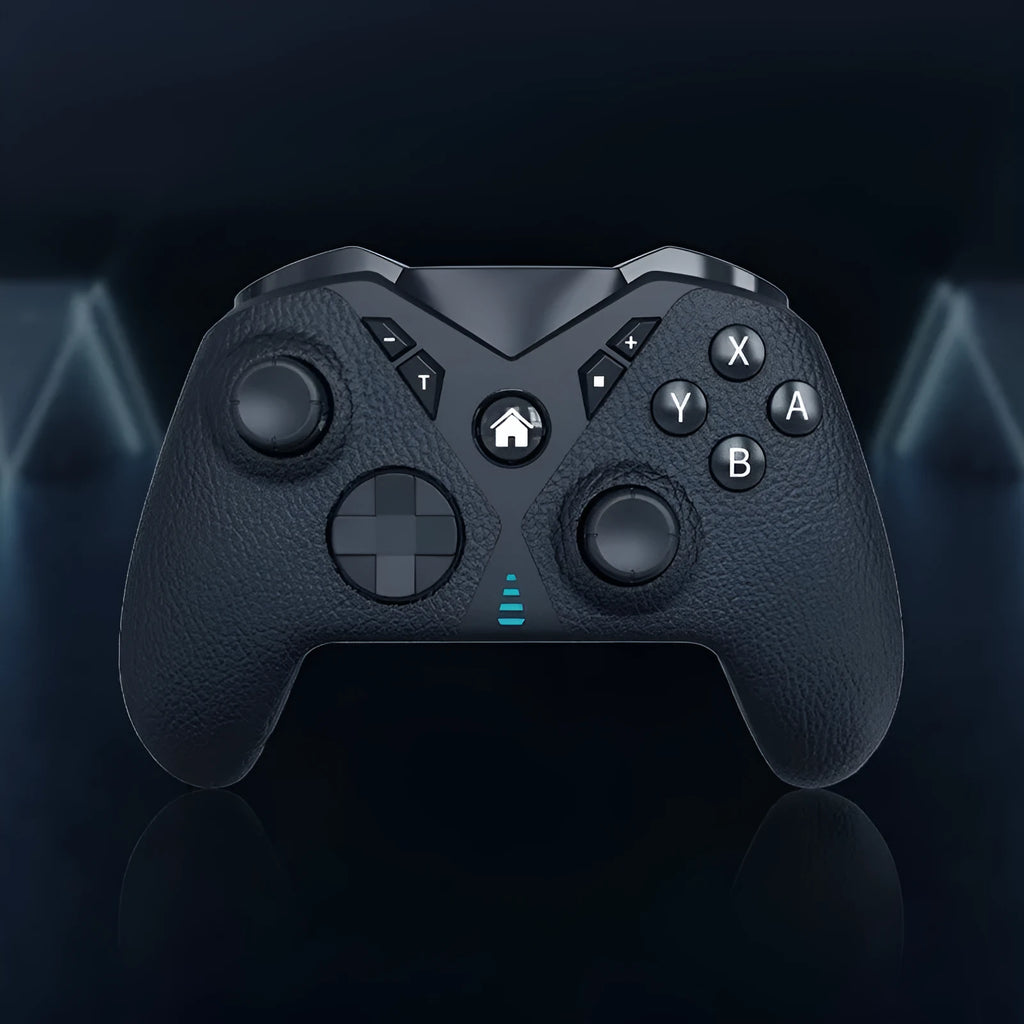 Black wireless game controller with ergonomic handles and leather-like texture, shown with Type-C cable