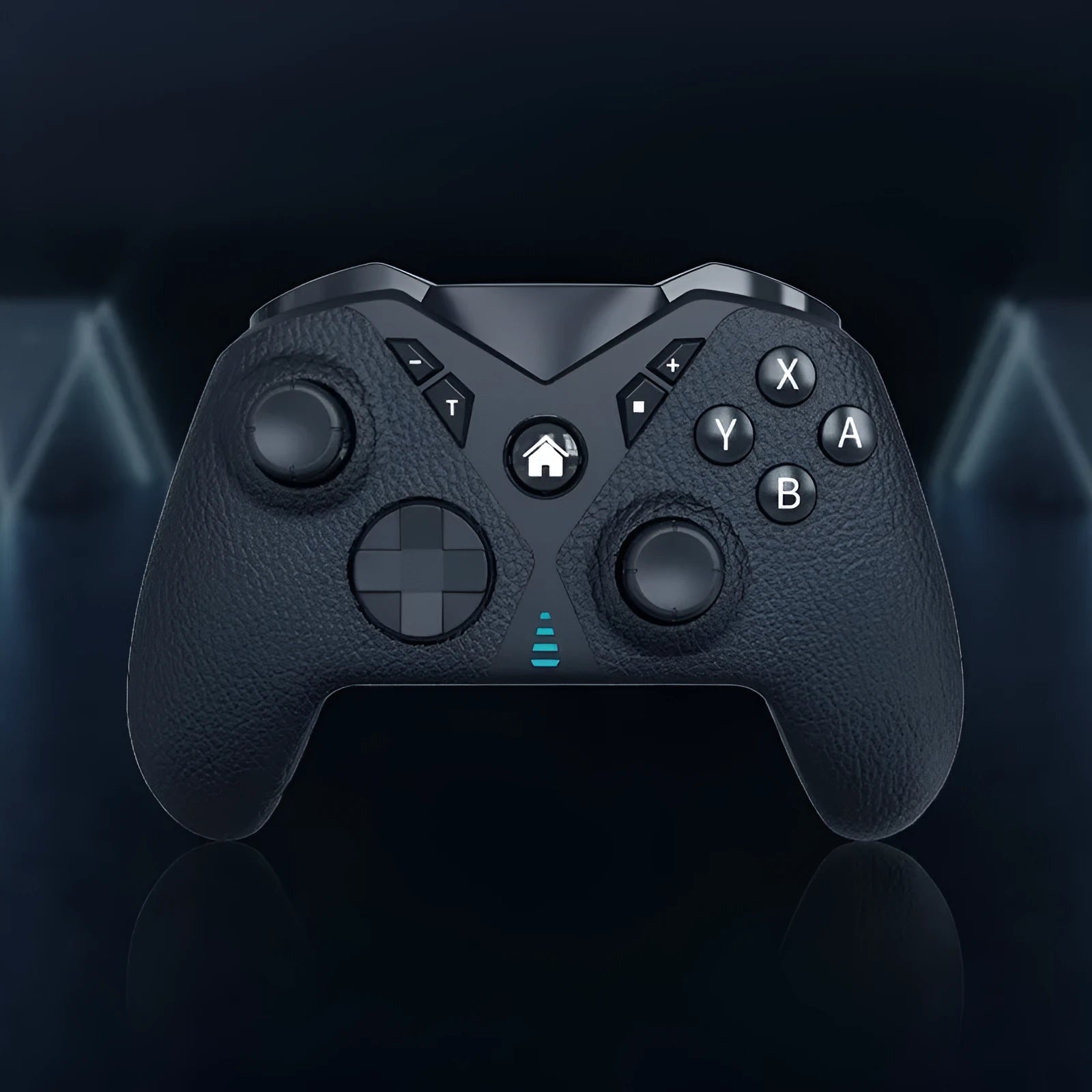Black wireless game controller with ergonomic handles and leather-like texture, shown with Type-C cable
