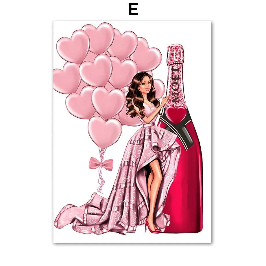 Fashion bag girl with balloons and champagne cartoon anime canvas print wall art